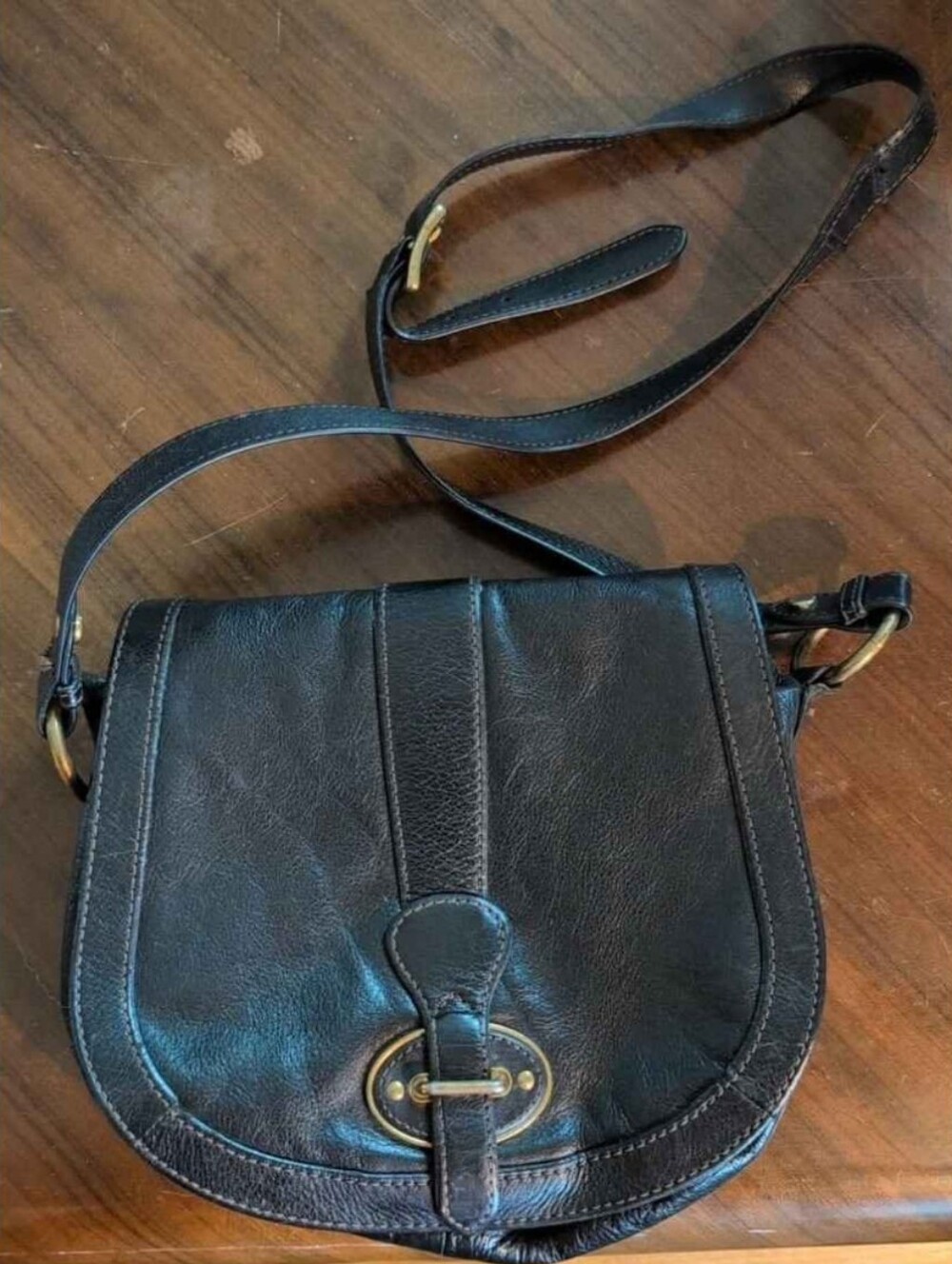 Fossil Black Leather Crossbody Saddle Bag with Brass Hardware